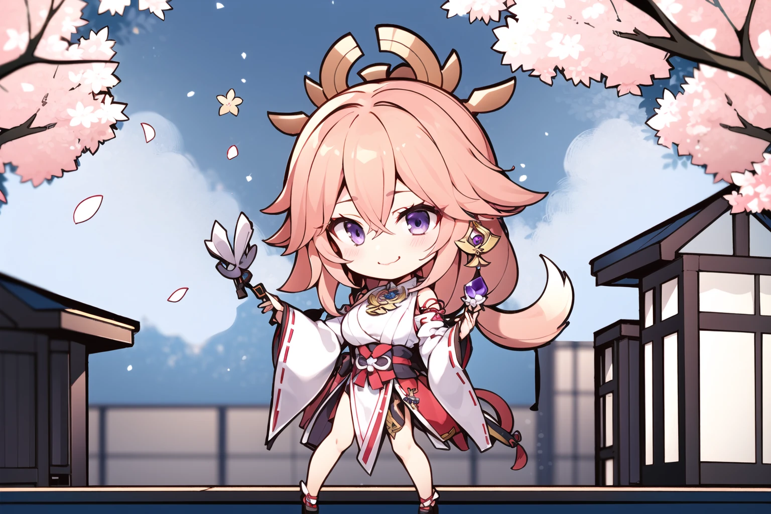 masterpiece, best quality, 1girl, <lora:yuzusoft-chibi:1>, solo, chibi, full body, genshin impact, yae miko, 1girl, animal ears, branch, breasts, cherry blossoms, closed mouth, cowboy shot, earrings, flower, fox ears, japanese clothes, jewelry, long hair, looking at viewer, medium breasts, nontraditional miko, outdoors, pink hair, purple eyes, purple flower, ribbon-trimmed sleeves, ribbon trim, sidelocks, smile, solo, wide sleeves, dynamic pose, <lora:yaeMikoRealistic_yaemikoFull:0.6>