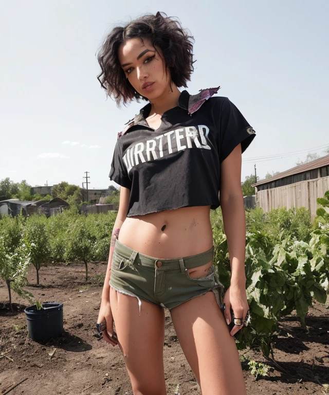 2076 AD urban decay wasteland, hunter gatherer women picking fruit in the garden, torn shirt, no zombies allowed,