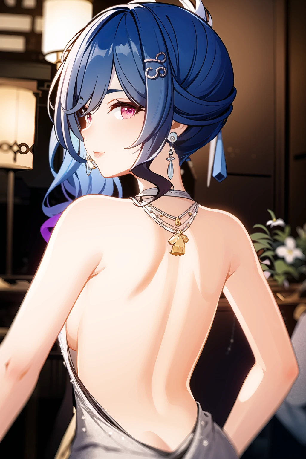 masterpiece, best quality, 1girl, solo, upper body, dynamic pose, st. louis \(luxurious wheels\) \(azur lane\), hair ornament, earrings, necklace, silver dress, revealing clothes, looking at viewer, solo, <lora:stLouisLuxuriousWheels_v1:1>, from back, looking back,
<lora:genshin-char-model:1>, genshin,