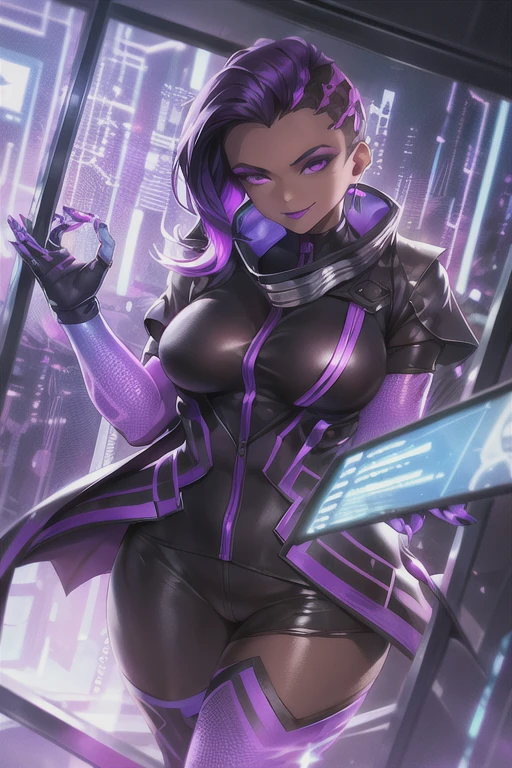 1girl, dark-skinned female, bodysuit, coat, trench coat, turtleneck, high collar, legwear,  gloves, short sleeves, asymmetrical hair, purple eyes, purple hair, purple lips, mascara, mole under eye, seductive pose, eyeliner, eyeshadow, wide smile expression, <lora:sombraV1B:0.7>, hologram, holographic interface, perfect arms, nail polish, cyberpunk, hacker room, very detailed background, masterpiece, best quality, HDR, high quality, high-definition, CG