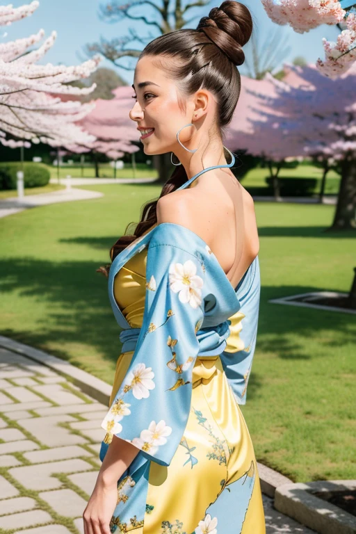 best quality, ultra high res, (photorealistic:1.4), ultra-detailed,incredibly detailed,(an extremely delicate and beautiful), 1 girl, 24yo, spring, breeze, sunny weather, sun shine, blue sky with little white clouds, sakura tree path with little green tree backgound, (tokyo commercial buliding city), Blue pattern yellow obi kimono, wooden clogs, (nature Low Bun Hairstyles), brown fringe hair, delicate small flower earings, perfect ratio, slim body shape, (higher view), open arms naturally, smile
tiktok,looking at viewer,