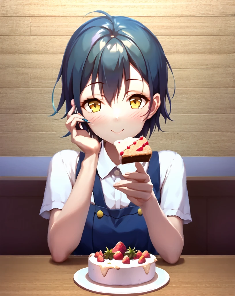 by himitsu \(hi mi tsu 2\), 1girl, solo, food, fruit, strawberry, yellow eyes, smile, blue hair, cake, looking at viewer, suspenders, table, short hair, incoming food, short sleeves, holding, shirt, hand on own cheek, bubble