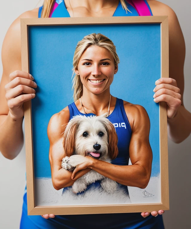 sports action photography, stunning female olympian, holding in her hands a framed sketch of a dog,