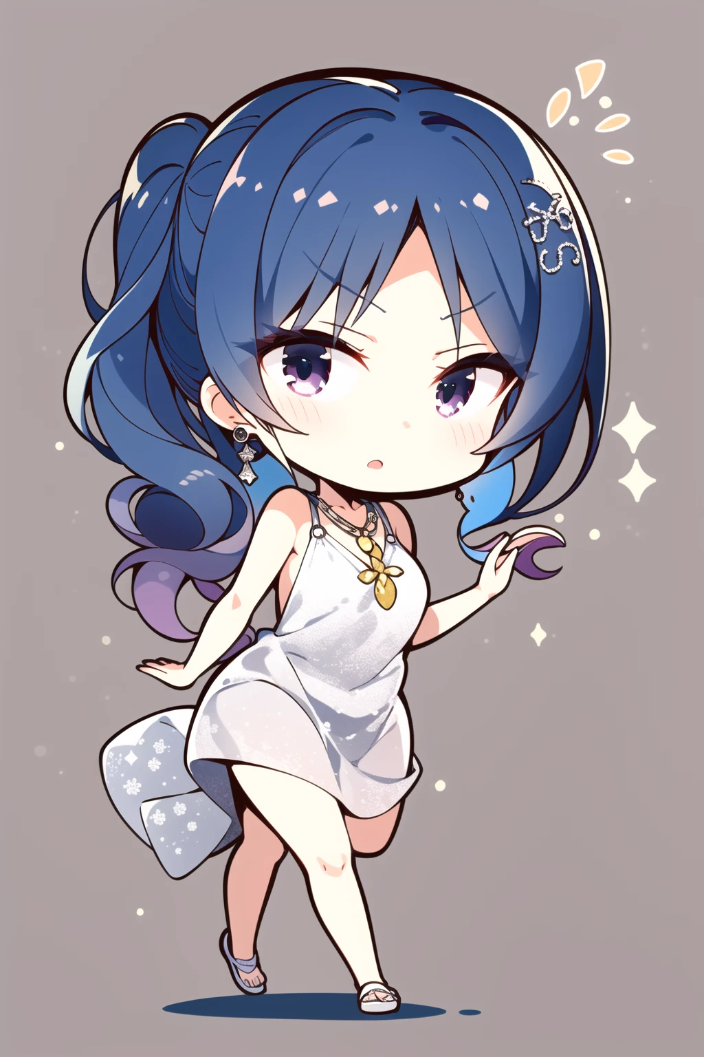 masterpiece, best quality, 1girl, <lora:yuzusoft-chibi:1>, solo, chibi, simple background, dynamic pose, st. louis \(luxurious wheels\) \(azur lane\), hair ornament, earrings, necklace, silver dress, revealing clothes, looking at viewer, solo, <lora:stLouisLuxuriousWheels_v1:1>