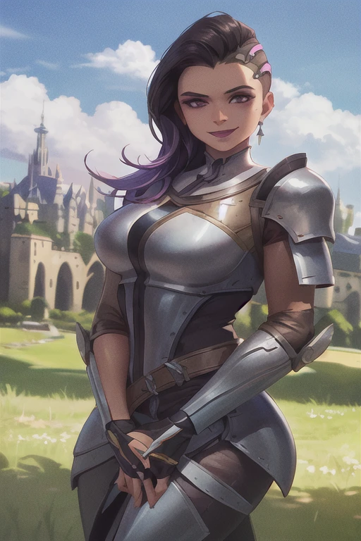 1girl, medieval steel armor, mascara, seductive pose, wide smile expression, <lora:sombraV1B:0.7>, sombra \(overwatch\), perfect hands, blue sky with clouds, grass field, medieval castle in background, very detailed background, masterpiece, best quality, HDR, high quality, high-definition, CG