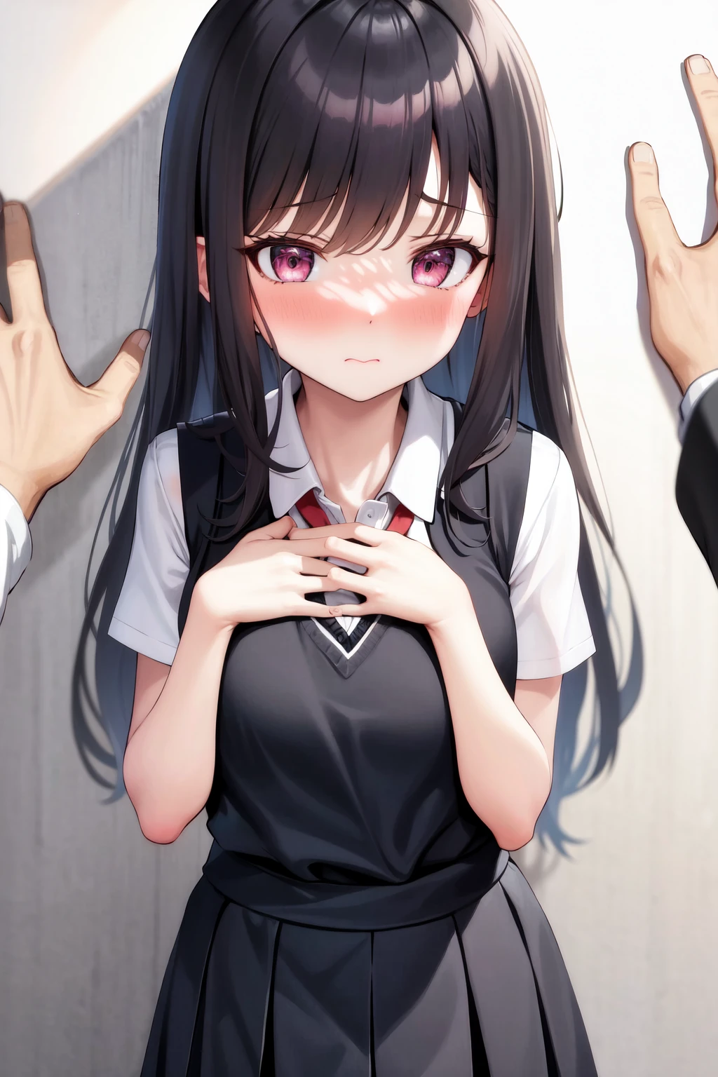 masterpiece, best quality, highres, 1girl, school uniform, shy, blush, hand on own chest, kabedon, pov <lora:kabedon_pov:1>