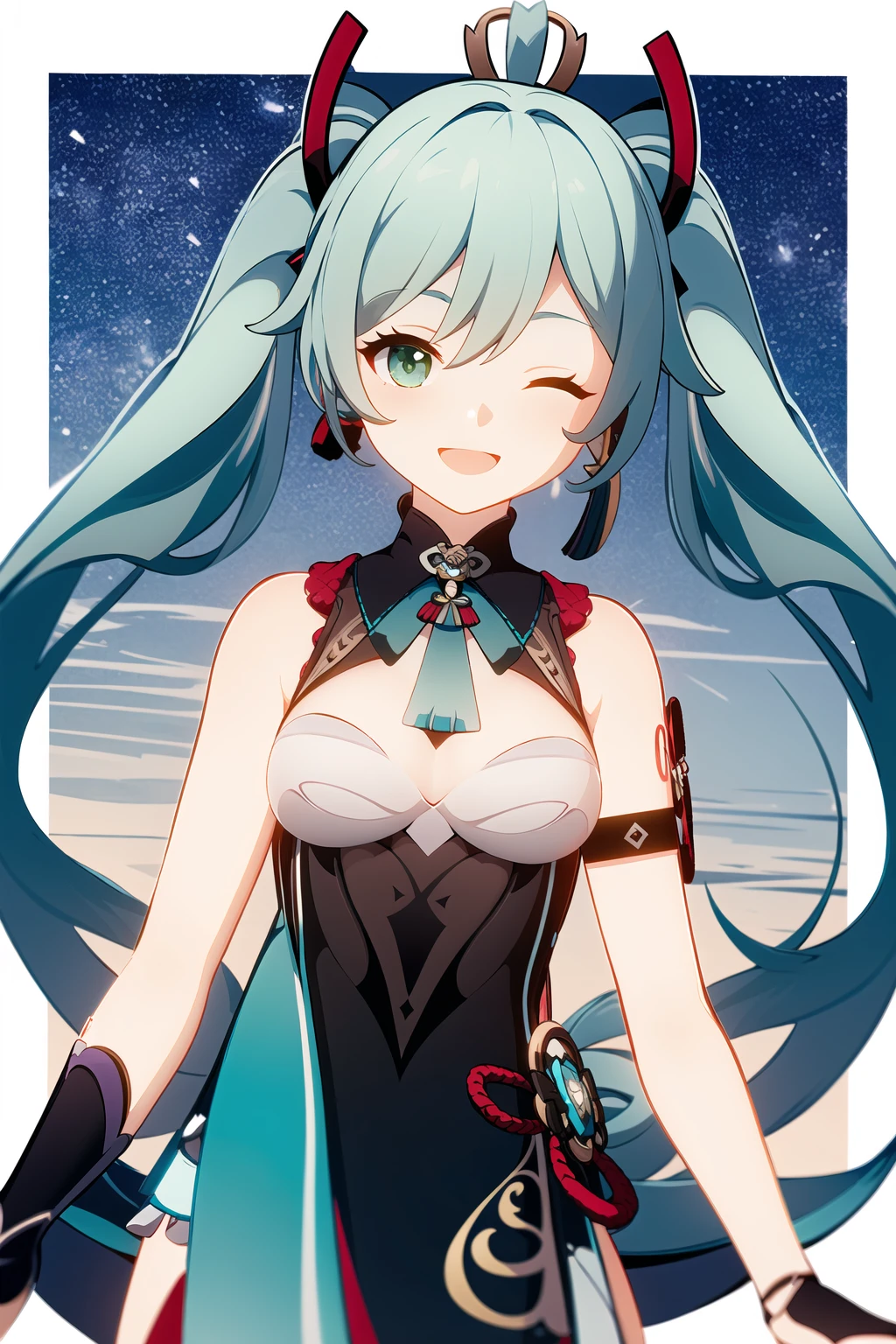 masterpiece, best quality, 1girl, solo, upper body, dynamic pose, hatsune miku, green eyes, green hair, one eye closed, smile, open mouth,
<lora:genshin-char-model:1>, genshin,