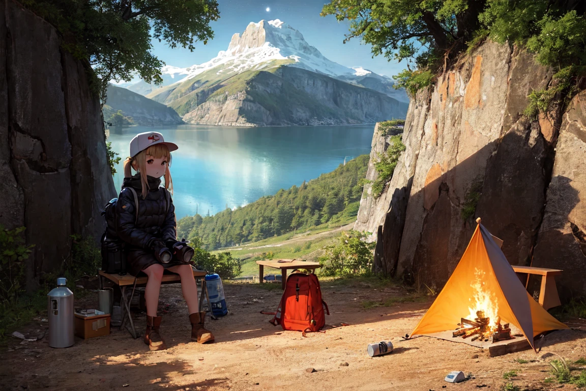 masterpiece, best quality, ultra-detailed, illustration, 1girl, solo, outdoors, camping, night, mountains, nature, stars, moon, bonfire, tent, twin ponytails, green eyes, cheerful, happy, backpack, sleeping bag, camping stove, water bottle, mountain boots, gloves, sweater, hat, flashlight, forest, rocks, river, wood, smoke, shadows, contrast, clear sky, constellations, Milky Way, peaceful, serene, quiet, tranquil, remote, secluded, adventurous, exploration, escape, independence, survival, resourcefulness, challenge, perseverance, stamina, endurance, observation, intuition, adaptability, creativity, imagination, artistry, inspiration, beauty, awe, wonder, gratitude, appreciation, relaxation, enjoyment, rejuvenation, mindfulness, awareness, connection, harmony, balance, texture, detail, realism, depth, perspective, composition, color, light, shadow, reflection, refraction, tone, contrast, foreground, middle ground, background, naturalistic, figurative, representational, impressionistic, expressionistic, abstract, innovative, experimental, unique