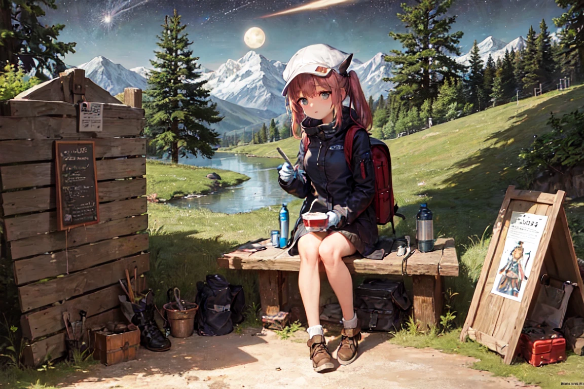 masterpiece, best quality, ultra-detailed, illustration, 1girl, solo, outdoors, camping, night, mountains, nature, stars, moon, bonfire, tent, twin ponytails, green eyes, cheerful, happy, backpack, sleeping bag, camping stove, water bottle, mountain boots, gloves, sweater, hat, flashlight, forest, rocks, river, wood, smoke, shadows, contrast, clear sky, constellations, Milky Way, peaceful, serene, quiet, tranquil, remote, secluded, adventurous, exploration, escape, independence, survival, resourcefulness, challenge, perseverance, stamina, endurance, observation, intuition, adaptability, creativity, imagination, artistry, inspiration, beauty, awe, wonder, gratitude, appreciation, relaxation, enjoyment, rejuvenation, mindfulness, awareness, connection, harmony, balance, texture, detail, realism, depth, perspective, composition, color, light, shadow, reflection, refraction, tone, contrast, foreground, middle ground, background, naturalistic, figurative, representational, impressionistic, expressionistic, abstract, innovative, experimental, unique