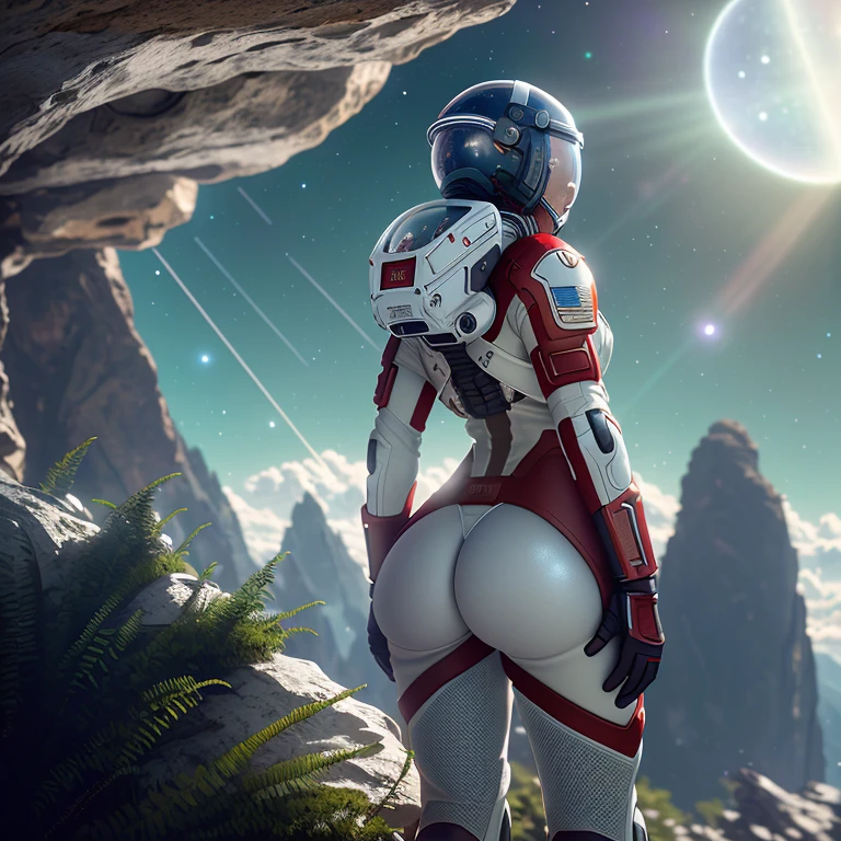 Highly detailed RAW color Photo, Rear Angle, Full Body, of (female space marine, wearing white and red space suit, (helmet), fully tined face shield, oxygen tank, accentuated booty), outdoors, (leaning over rocky ledge, looking out at advanced alien structure), on exotic alien planet, toned body, big butt, (sci-fi), (mountains:1.1), (lush green vegetation), (two moons in sky:0.8), (highly detailed, hyperdetailed, intricate), (lens flare:0.7), (bloom:0.7), particle effects, raytracing, cinematic lighting, shallow depth of field, photographed on a Sony a9 II, 50mm wide angle lens, sharp focus, cinematic film still from Gravity 2013