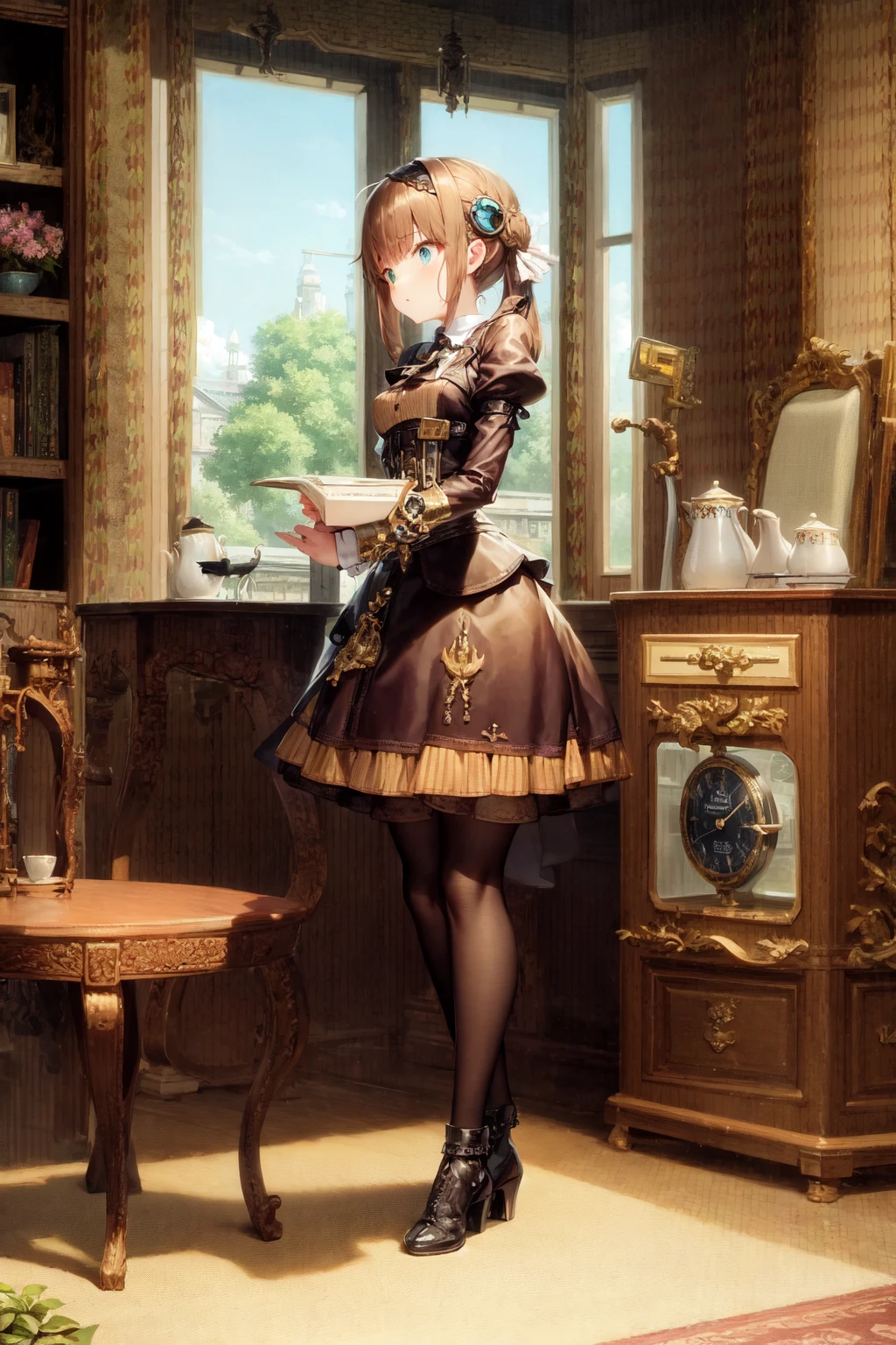 masterpiece, best quality, ultra-detailed, illustration, 1girl, solo, indoors, daytime, steampunk, clock, cafe, brown hair, top hat, goggles, corset, long skirt, boots, pocket watch, vintage, antique, brass, metal, gears, machinery, clockwork, clock tower, ornate, elegant, classic, sophisticated, refined, poised, contemplative, thoughtful, curious, mysterious, enigmatic, watchful, intelligent, bookish, coffee, cake, pastry, teapot, cup, saucer, table, chair, wallpaper, chandelier, window, sunlight, shadow, contrast, perspective, depth, texture, detail, realism, impressionistic, expressionistic, abstract, surrealistic, innovative, experimental, unique, atmosphere, ambiance, mood, nostalgia, historical, cultural, technological, industrial, fantasy, imagination, creativity, artistry, craftsmanship, skill, precision, detail, composition, balance, harmony, rhythm, color, light, shadow, reflection, refraction, tone, contrast, foreground, middle ground, background, vanishing point, horizon line, focal point, naturalistic, figurative, representational.