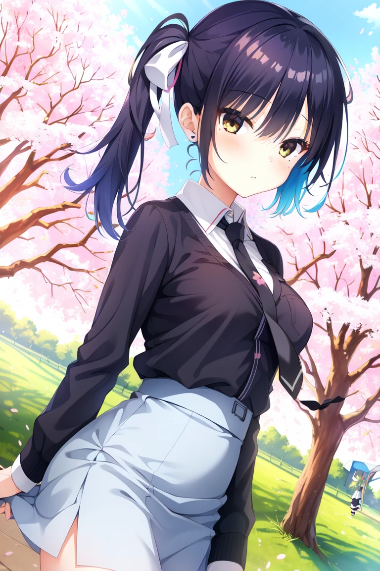 photo of a iom girl, 1girl, solo, outdoors, cherry blossom trees, (blue_hair:1.25) white shirt, collared shirt, medium hair, black skirt, miniskirt, pencil skirt, necktie, (black necktie:1.25), high_resolution, distinct_image, high_contrast, 8K, glitter, beautiful_detailed_face_and_eyes, white eyes, side ponytail, hair ribbon,