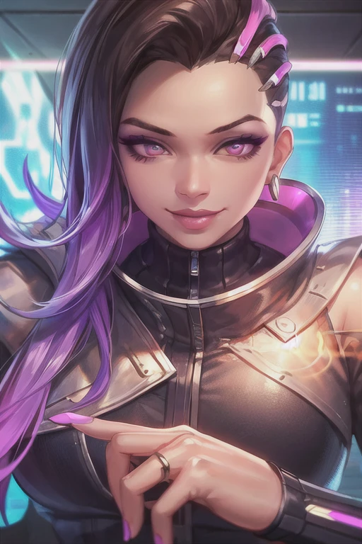 portrait, 1girl, coat,  turtleneck, high collar, mascara, seductive pose, wide smile expression, <lora:sombraV1B:0.7>, sombra \(overwatch\), perfect hands, eyeshadow, eyeliner, jewelry, stud earrings, cyberpunk, hacker room, very detailed background, masterpiece, best quality, HDR, high quality, high-definition, CG