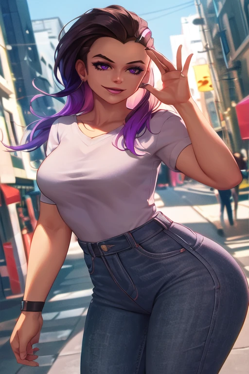 1girl, casual clothes, mascara, seductive pose, wide smile expression, <lora:sombraV1B:0.7>, sombra \(overwatch\), perfect hands, city street, day, very detailed background, masterpiece, best quality, HDR, high quality, high-definition, CG