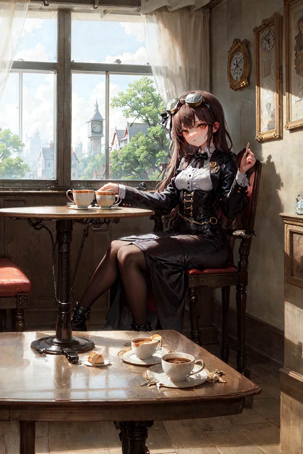 masterpiece, best quality, ultra-detailed, illustration, 1girl, solo, indoors, daytime, steampunk, clock, cafe, brown hair, top hat, goggles, corset, long skirt, boots, pocket watch, vintage, antique, brass, metal, gears, machinery, clockwork, clock tower, ornate, elegant, classic, sophisticated, refined, poised, contemplative, thoughtful, curious, mysterious, enigmatic, watchful, intelligent, bookish, coffee, cake, pastry, teapot, cup, saucer, table, chair, wallpaper, chandelier, window, sunlight, shadow, contrast, perspective, depth, texture, detail, realism, impressionistic, expressionistic, abstract, surrealistic, innovative, experimental, unique, atmosphere, ambiance, mood, nostalgia, historical, cultural, technological, industrial, fantasy, imagination, creativity, artistry, craftsmanship, skill, precision, detail, composition, balance, harmony, rhythm, color, light, shadow, reflection, refraction, tone, contrast, foreground, middle ground, background, vanishing point, horizon line, focal point, naturalistic, figurative, representational.