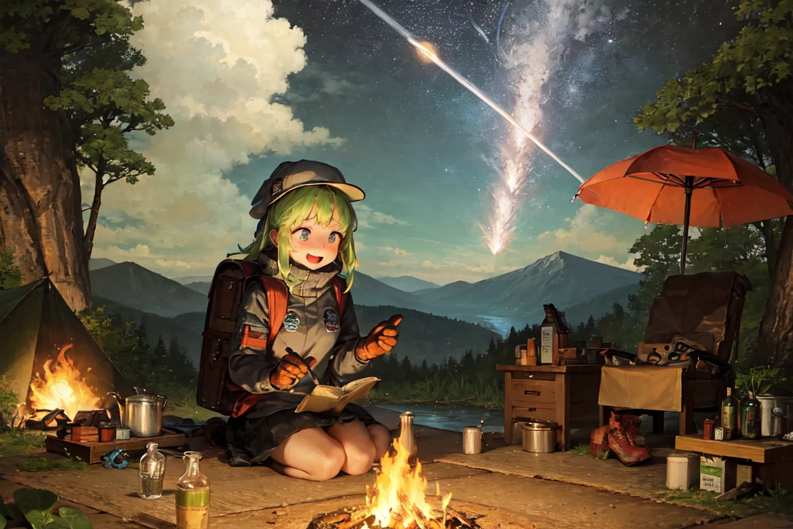 masterpiece, best quality, ultra-detailed, illustration, 1girl, solo, outdoors, camping, night, mountains, nature, stars, moon, bonfire, tent, twin ponytails, green eyes, cheerful, happy, backpack, sleeping bag, camping stove, water bottle, mountain boots, gloves, sweater, hat, flashlight, forest, rocks, river, wood, smoke, shadows, contrast, clear sky, constellations, Milky Way, peaceful, serene, quiet, tranquil, remote, secluded, adventurous, exploration, escape, independence, survival, resourcefulness, challenge, perseverance, stamina, endurance, observation, intuition, adaptability, creativity, imagination, artistry, inspiration, beauty, awe, wonder, gratitude, appreciation, relaxation, enjoyment, rejuvenation, mindfulness, awareness, connection, harmony, balance, texture, detail, realism, depth, perspective, composition, color, light, shadow, reflection, refraction, tone, contrast, foreground, middle ground, background, naturalistic, figurative, representational, impressionistic, expressionistic, abstract, innovative, experimental, unique