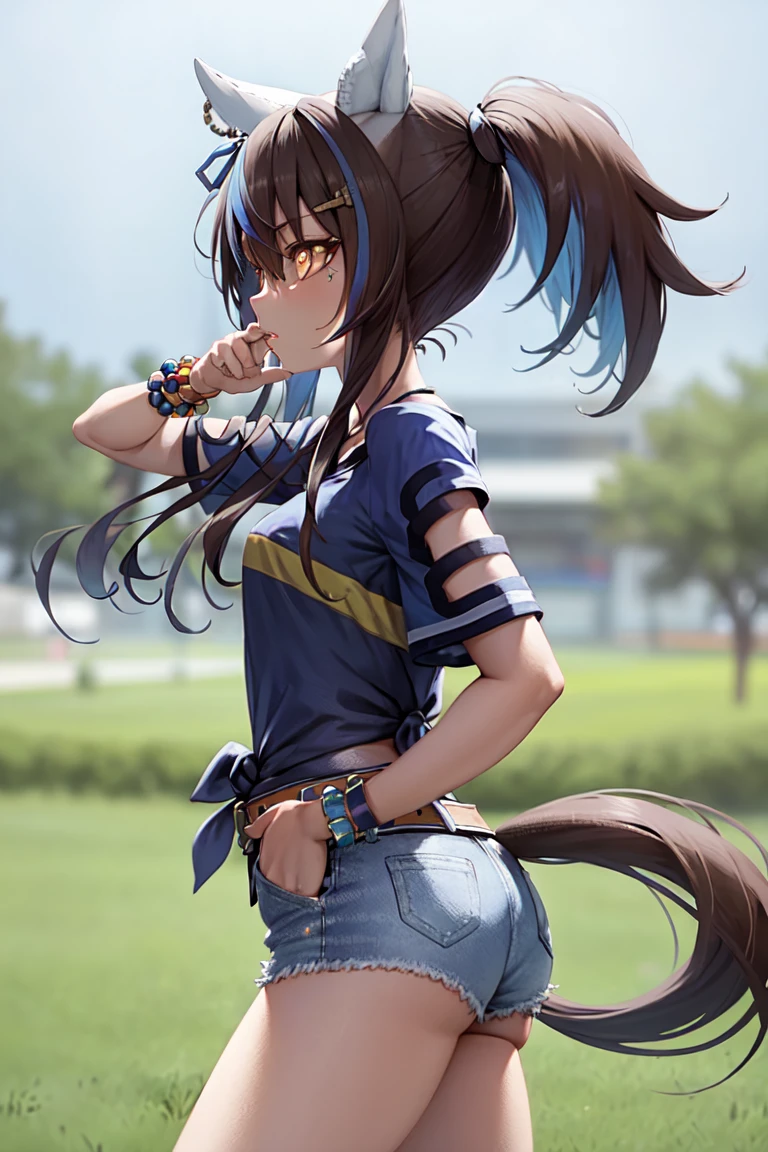 masterpiece, best quality, daitaku helios \(umamusume\), serious
solo, belt, white shorts, short shorts, blue shirt, bead bracelet, short sleeves, tied shirt, denim shorts, cutoffs, hand on own lips,
running, grass track, glowing eyes, aura, dynamic angle, from side, looking side,
<lora:daitaku_helios_lora:0.65>