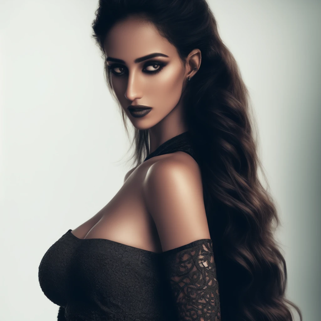 masterpiece, photo realistic, waist up photo of (No-one4) as jedi knight, slim, beautiful intricate oval face, detailed hair, natural eyes, small nose, mouth ajar, lips, big breasts, intricate long dress, vibrant, photo realistic, realistic, dramatic, dark, sharp focus, 8k, intricate wonderland environment, wearing black bra top, (black eyes)