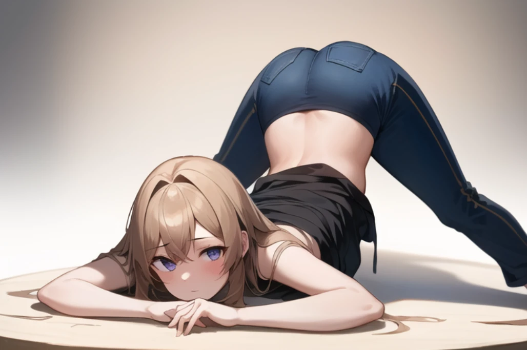 beautiful, masterpiece, best quality, extremely detailed face, perfect lighting, 1girl, solo,  <lora:JackOPoseFront:0.8>, jack-o' challenge, flexible, spread legs, top-down bottom-up, pants, black shirt