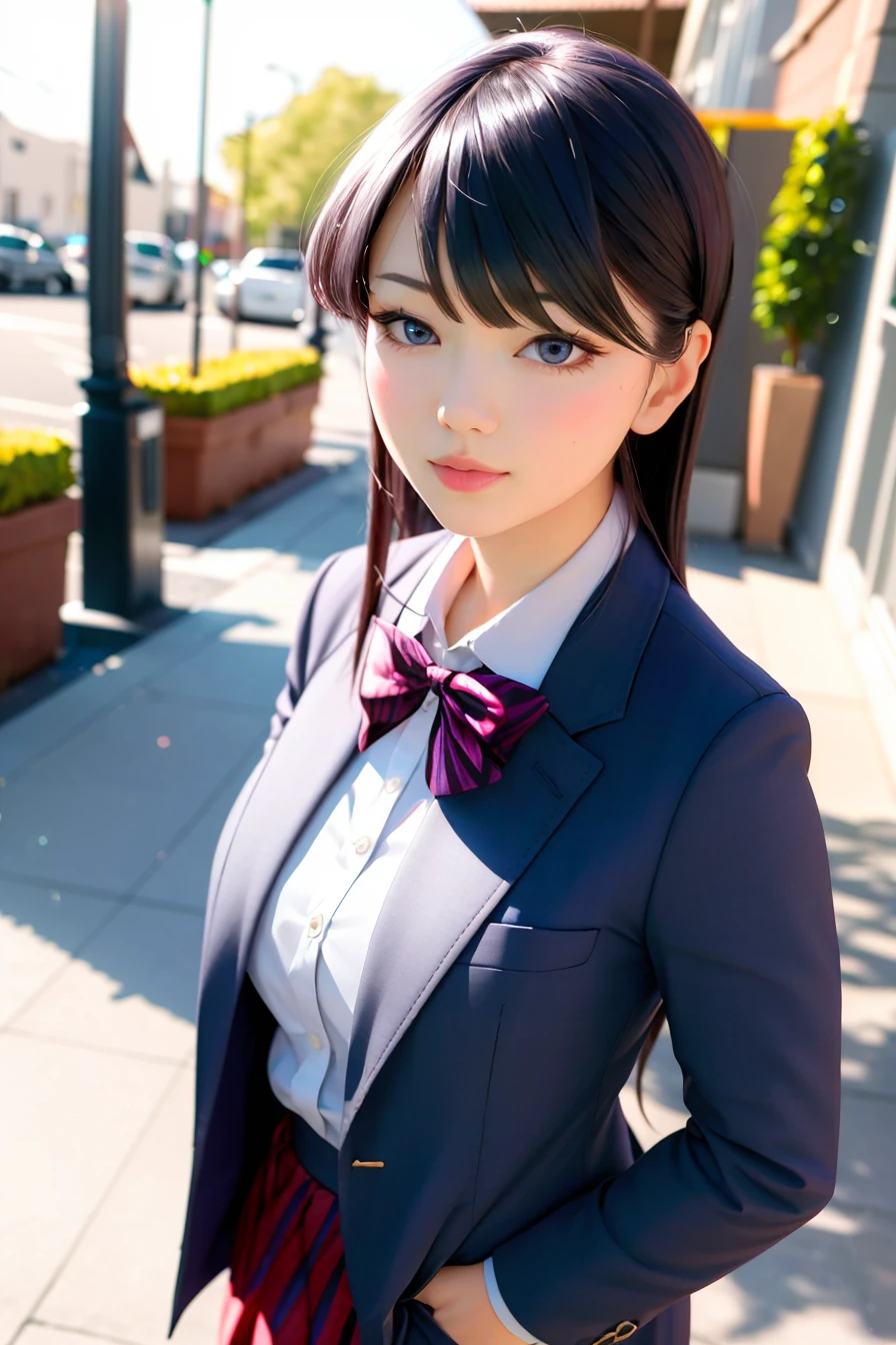 masterpiece, (photorealistic:1.6), best quality, beautiful lighting, (ulzzang-6500:0.5),

((komi shouko)), 1girl, bangs, black pantyhose, blazer, blue jacket, blush, bow, bowtie, breasts, closed mouth, collared shirt, bag, cowboy shot, diagonal-striped skirt, expressionless, outdoors, highres, jacket, (komi-san wa komyushou desu), long hair, looking at viewer, medium breasts, pantyhose, pleated skirt, purple eyes, purple hair, red bow, red bowtie, red skirt, school uniform, shirt, skirt, solo, striped, striped bow, striped bowtie, striped skirt, swept bangs, white shirt <lora:komi_shouko:0.55>

, RAW photo, 8k uhd, dslr, soft lighting, high quality, (film grain:1), Fujifilm XT3