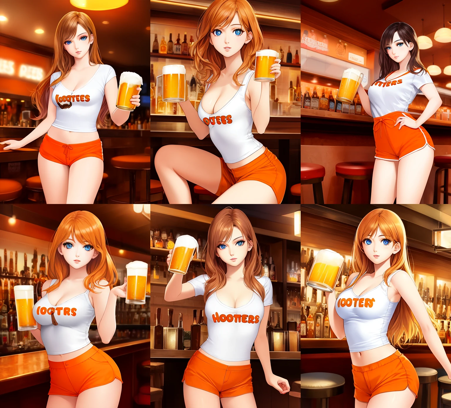 masterpiece, perfect eyes, anime, full body, perfect face, makeup, young woman, realistic photo, Hooters, <lora:HootersV1:0.7>, beautiful face, perfect face, masterpiece, holding beer mug in bar, orange shorts, white shirt,