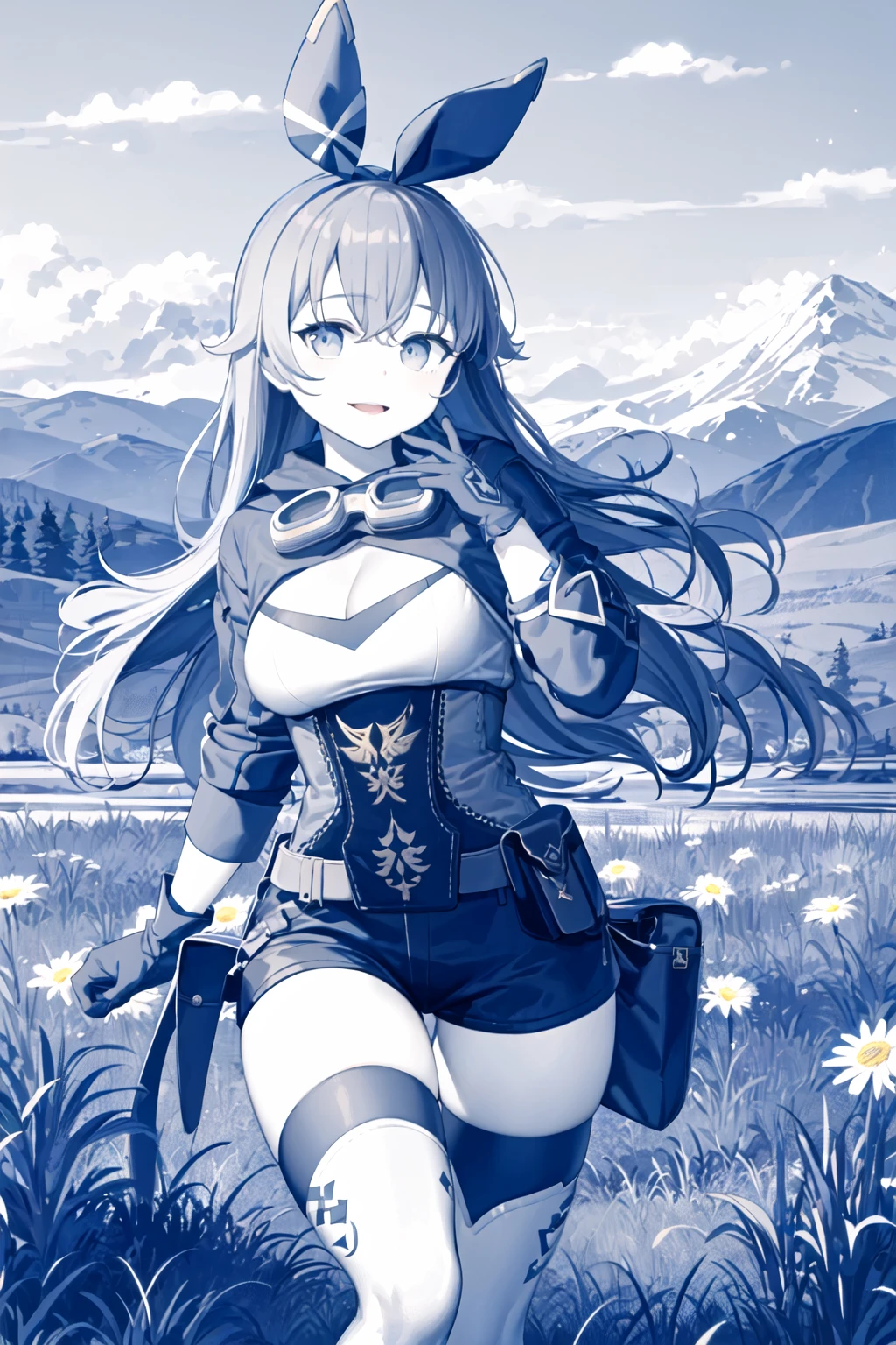 masterpiece, best quality, ultra-detailed, illustration, watercolors, oil paintings, (child:0.9), goggles on head, amber \(genshin impact\), long hair, hair ribbon, brown short shorts, leather gloves, pouch, thighhighs, white boots, medium breasts, cleavage cutout, shrug \(clothing\) full body, standing on one leg, cute, looking at viewer, perfect anatomy, perfect body, pale skin, shiny skin, medium breasts, pov, lip gloss light pink, lighting, overgrown ruins, mountains, background, detailed, pose, head to toe, happy, solo, standing in a field of daisies, blue sky with white fluffy clouds, sun shining, warm breeze blowing, nature, peaceful, idyllic, <lora:amberGenshinImpact_flexibleV1:1>,
<lora:himurakiseki:1>, ((monochrome)), blue lines, breasts, lineart,