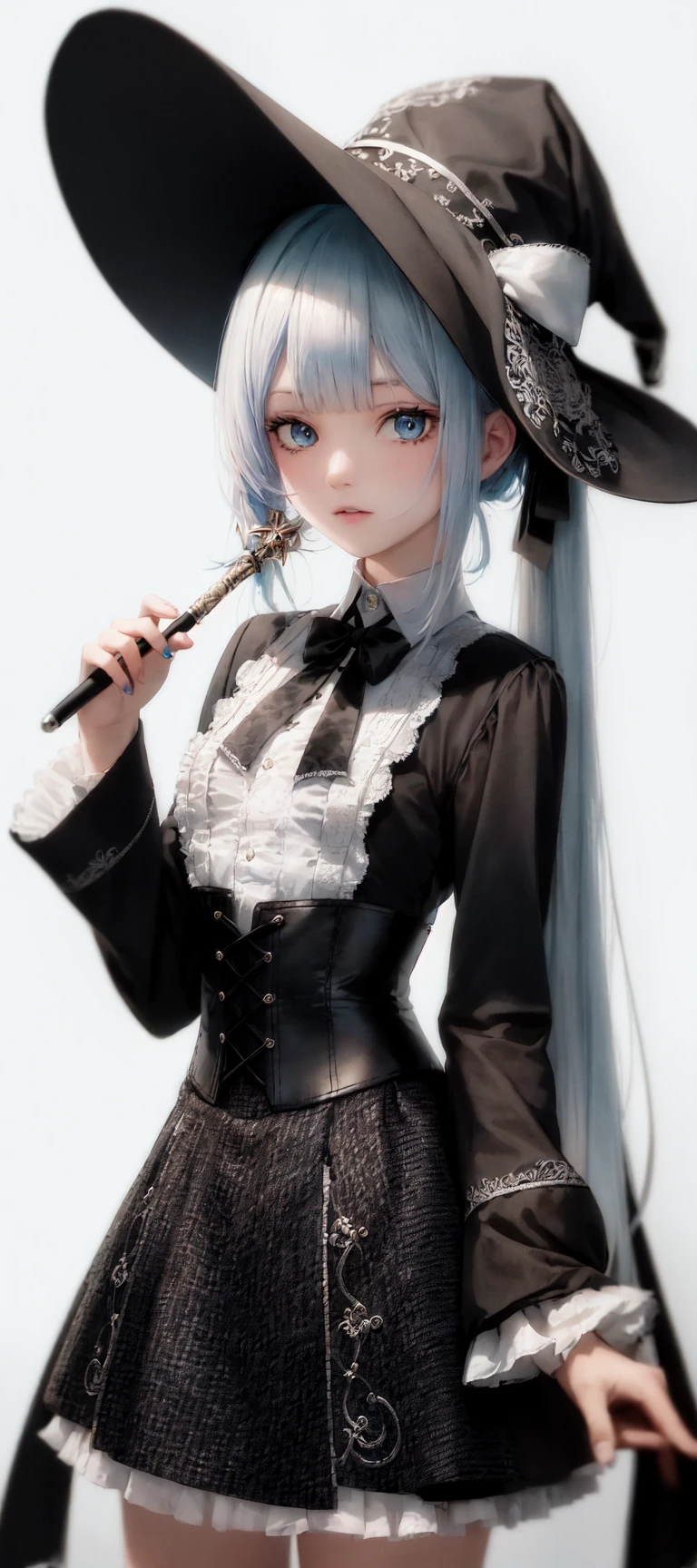 [1girl|solo], (masterpiece:1.1), (best quality:1.1), (intricate detailed Rocker [[White Ombr shirt:Black Appliqud with patches and motifs morning dress:0.85]:[Black Collared revealing clothes:Earth tones hip vent little black dress:0.15]:0.7]:1.25), (Tweed [[Coral Woolen A-line skirt:Turquoise Sleeveless tutu:0.05]:[Green Sheer thong:Orange Linen blouson:0.1]:0.1]:1.15), [nipples|nipples], [(NSFW:1.0):(NSFW:0.95):0.15],[medium:[large|medium]:0.35] breasts, corset, BREAK [black:pink:0.65] theme, (gradient background:1.1), portrait, BREAK [blond:sky blue :0.05] hair, blunt bangs,hime cut,long hair, side-ponytails, [blue:purple:0.85] eyes, intricate detailed black witch hat, holding wand,