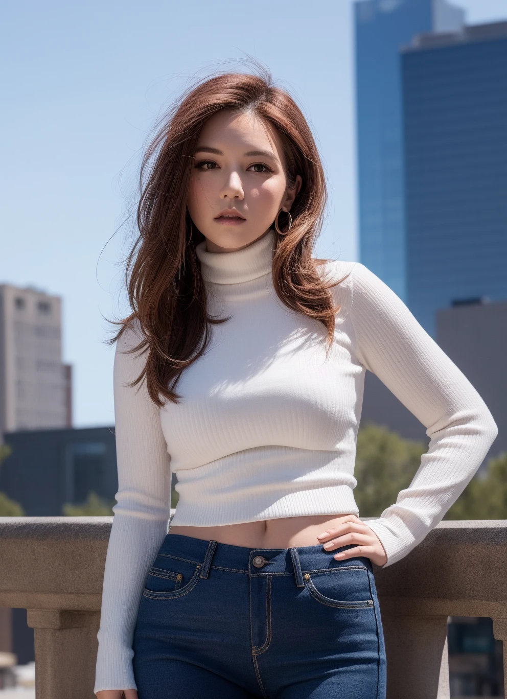 solo,woman,(looking away),(smiling:1.05),(shiny skin:1.1),blush,,hand on hip,
cowboy shot,( turtleneck, city),
skindentation,
photo referenced,best quality, ultra high res, (photorealistic:1.4),  (detailed face and eyes),