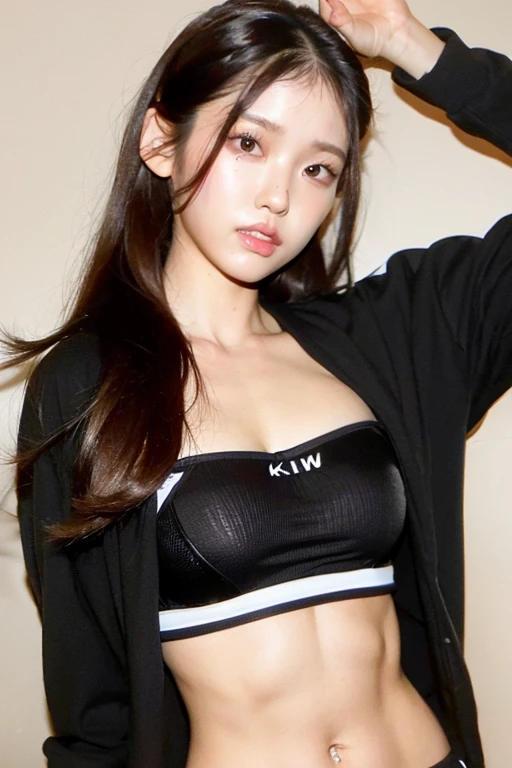 <lora:TAF2022-b4:1>,  (kr_iu:1.1),
half body, large breasts,
best quality, ultra high res, (photorealistic:1.1), 1girl, loose and oversized black jacket, white sports bra, (yoga pants:1), (light brown hair:1.2), looking at viewer, makeup, wide angle