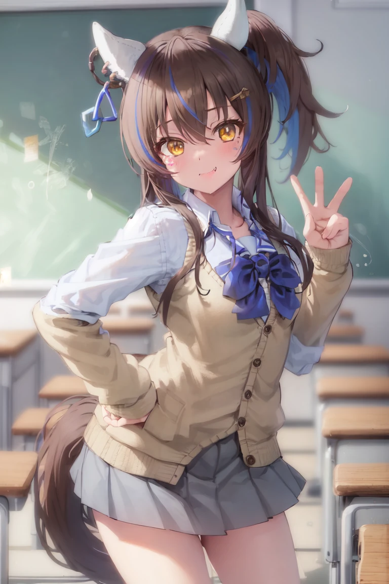 masterpiece, best quality, daitaku helios \(umamusume\), 
school uniform, white socks, long sleeves, blue bowtie, collared shirt, grey skirt, white shirt, miniskirt, brown cardigan, skin fang, 
leaning forward, hand on own hip, classroom,
cowboy shot, 
<lora:daitaku_helios_lora:0.65>