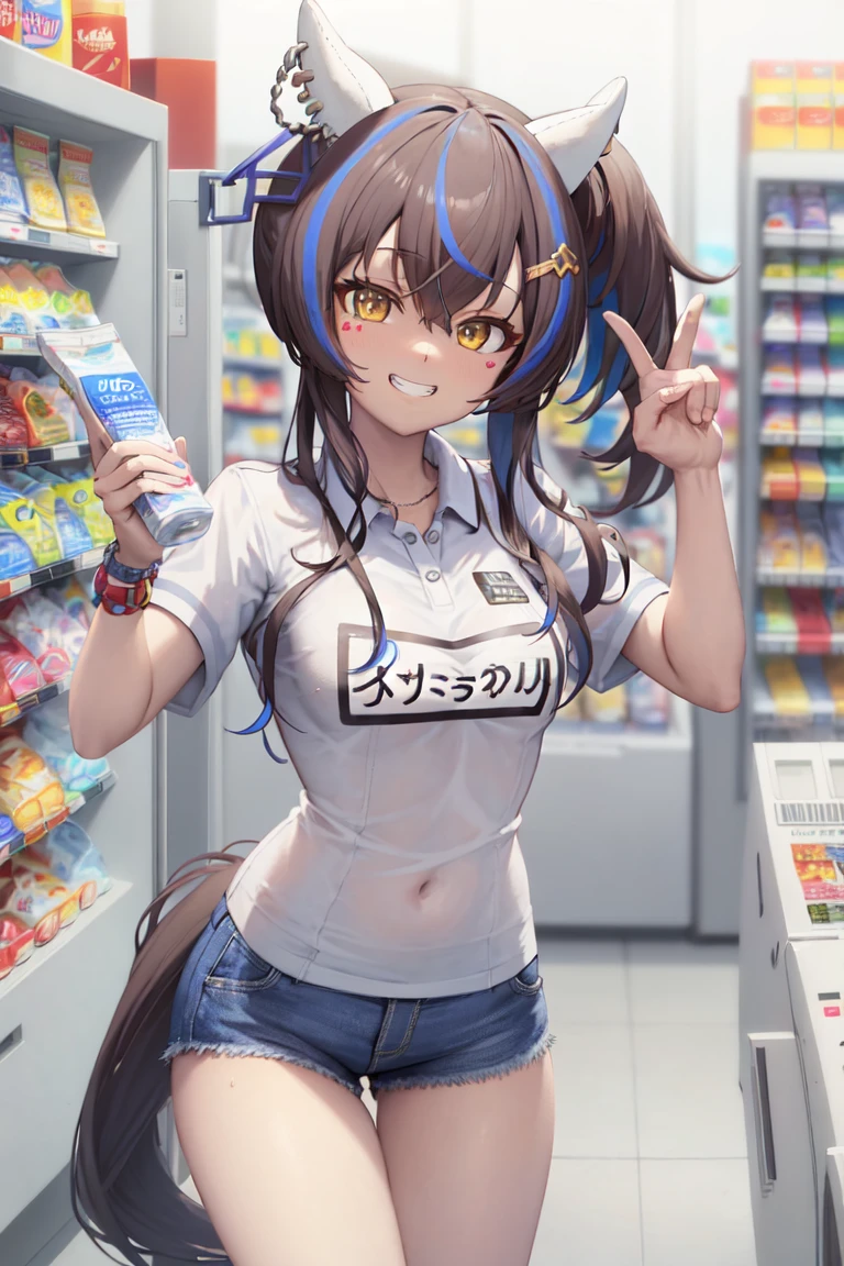 masterpiece, best quality, daitaku helios \(umamusume\),
employee uniform, polo shirt, grin, short shorts, convenience store,
<lora:daitaku_helios_lora:0.65>