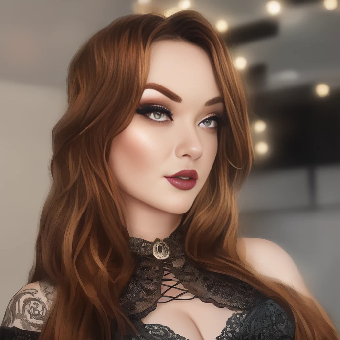 There is a woman with red hair and tattoos on her chest, gothic horror vibes, com a boca aberta, Lilith, Sensual expression, Amouranth, androgynous vampire, Tongue out, inspirado em Elsa Bleda, Retrato de uma senhora vampira, sensual, Prestes ao Consumo-lo, boca aberta, inspirado em Hedi Xandt, sexy gaze