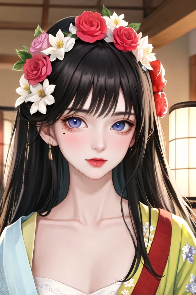masterpiece,best quality,absurdres,original,extremely delicate and beautiful,beautiful detailed eyes and face,1girl, black_hair, flower, japanese_clothes, looking_at_viewer, mole, red_flower, solo,(masterpiece:1.4),(best quality:1.4)