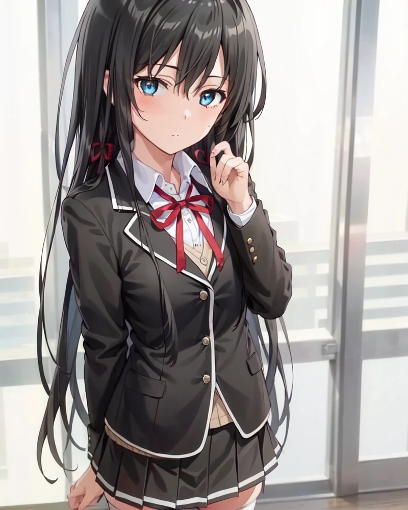 detailed,masterpiece,ultra-detailed,(solo),(1girl),(Delicate eyes),(white background:1.3), yukinoshita_yukino, long_hair, sobu_high_school_uniform, black_hair, red_ribbon, black_jacket,blue eyes,miniskirt,black thighhighs, black skirt,