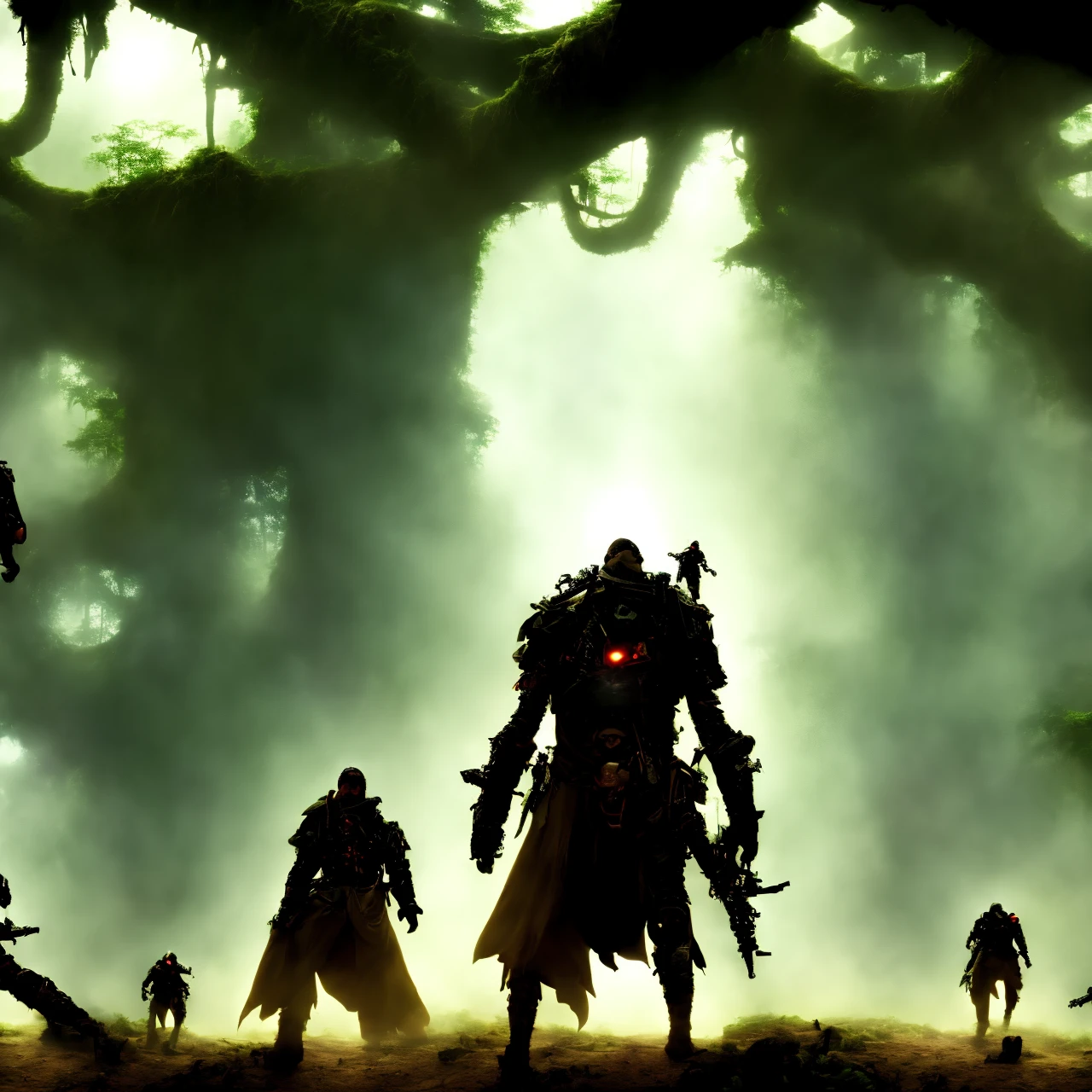 photo, of [scifi|fantasy] a group of adventurers explore a mysterious and dangerous forest, said to be haunted by spirits, (Bokeh:0.8) <lora:johnsondesuv15-e2:1>