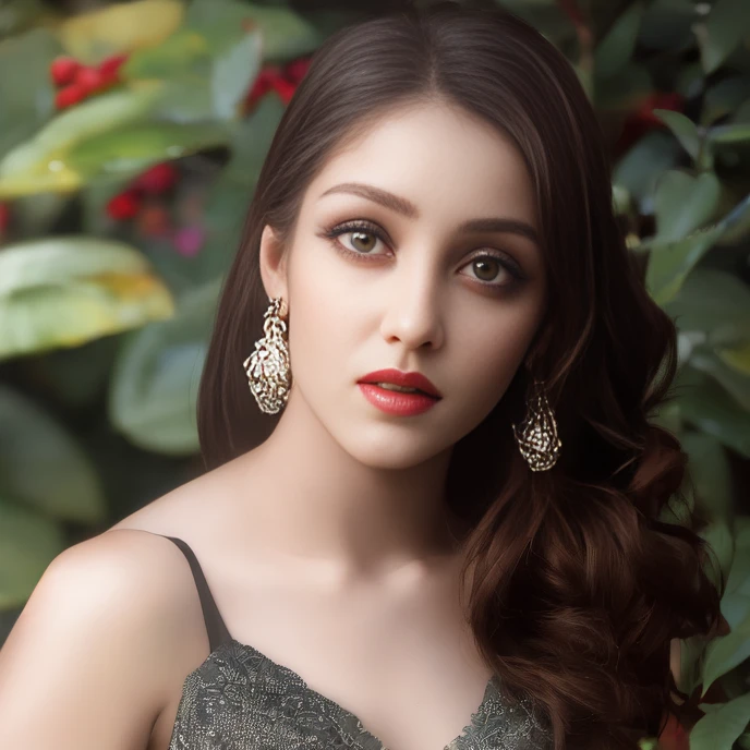 masterpiece, photo realistic, waist up photo of (No-one1) in wonderland, slim, beautiful intricate oval face, detailed hair, natural eyes, small nose, mouth ajar, lips, natural breasts, intricate long dress, vibrant, photo realistic, realistic, dramatic, dark, sharp focus, 8k, intricate wonderland environment, wearing black bra top, denim shorts