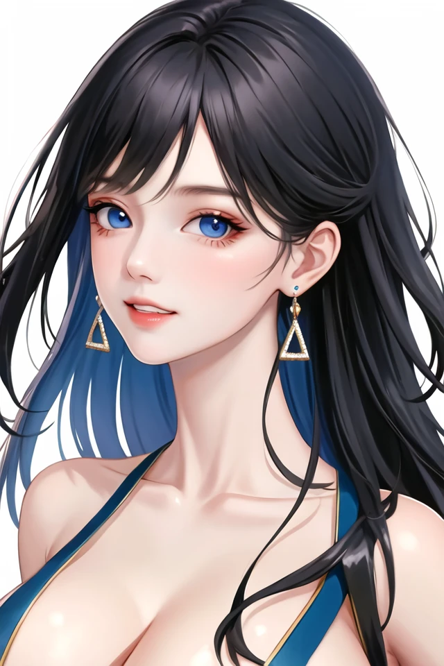 1girl, black hair, blue eyes, closed mouth,from side,natural smile, collarbone, earrings, jewelry, parted lips, teeth, long hair,(rich:1.3), looking at viewer, parted bangs, portrait, simple background, solo, white background,(shiny skin),cute,huge breasts,cleavage,(masterpiece:1.4),(best quality:1.4)