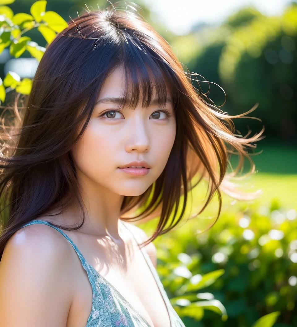 solo,1girl,looking at viewer,shiny skin, skindentation, strap slip, (floating_hair),wind,sunrise , (parted lips,light smile),(shiny skin:1.1),asian,
garden, sunlight,
photo referenced,best quality, ultra high res, (photorealistic:1.4), (detailed face and eyes),