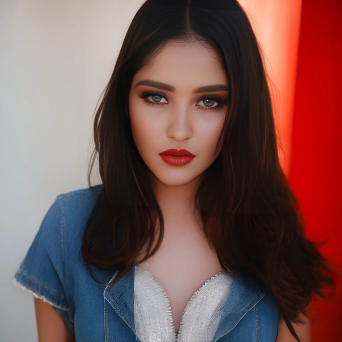 masterpiece, photo realistic, waist up photo of (No-one1) in wonderland, slim, beautiful intricate oval face, detailed hair, natural eyes, small nose, mouth ajar, lips, big breasts, intricate long dress, vibrant, photo realistic, realistic, dramatic, dark, sharp focus, 8k, intricate wonderland environment, wearing black bra top, denim shorts, dark brown eyes