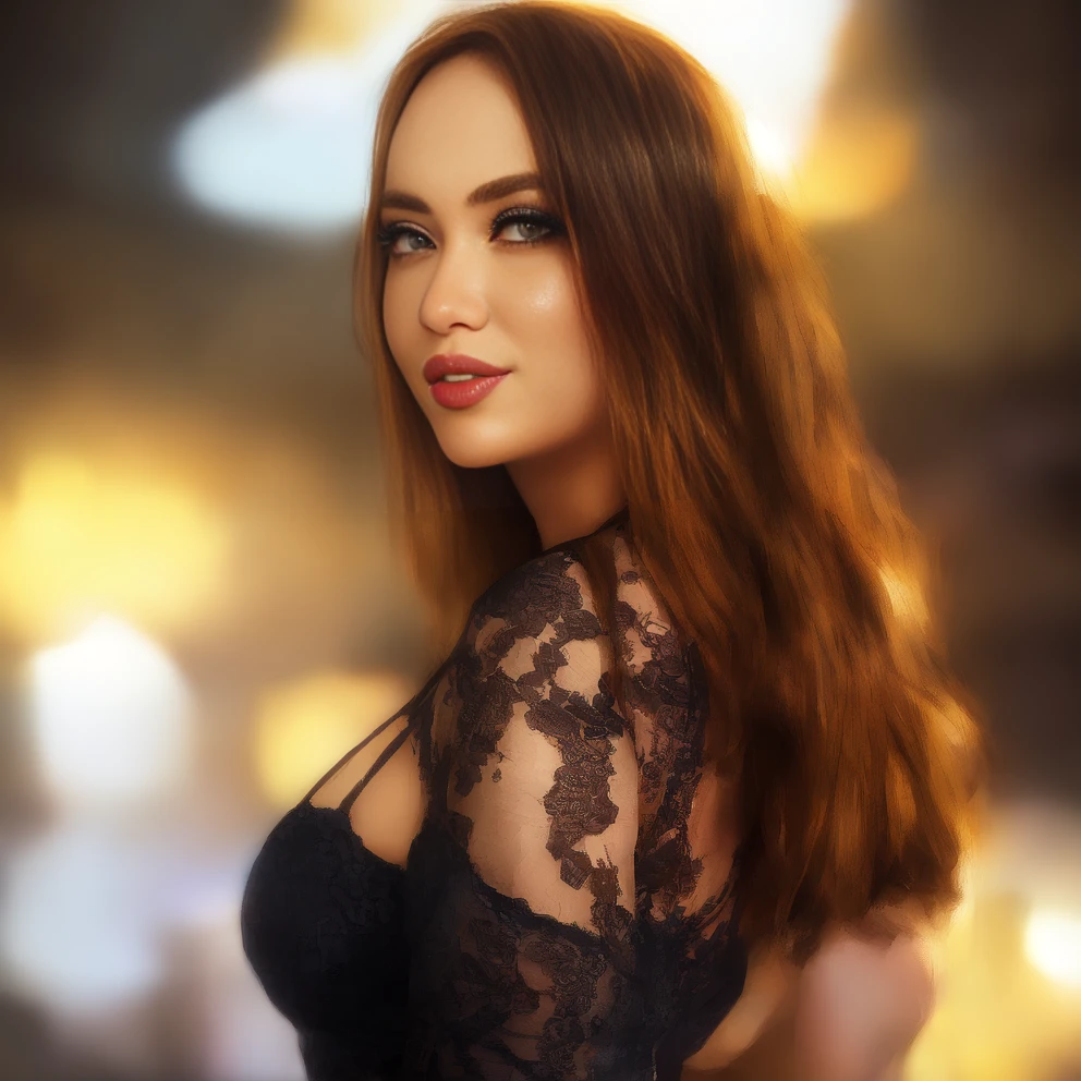 masterpiece, photo realistic, waist up photo of (No-one2) as jedi knight, slim, beautiful intricate oval face, detailed hair, natural eyes, small nose, mouth ajar, lips, big breasts, intricate long dress, vibrant, photo realistic, realistic, dramatic, dark, sharp focus, 8k, intricate wonderland environment, wearing black bra top, dark brown eyes, blue light saber in her hand