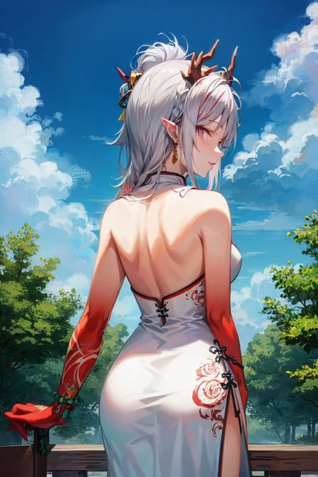 1girl ,cowboy shot,china dress,from back,looking back