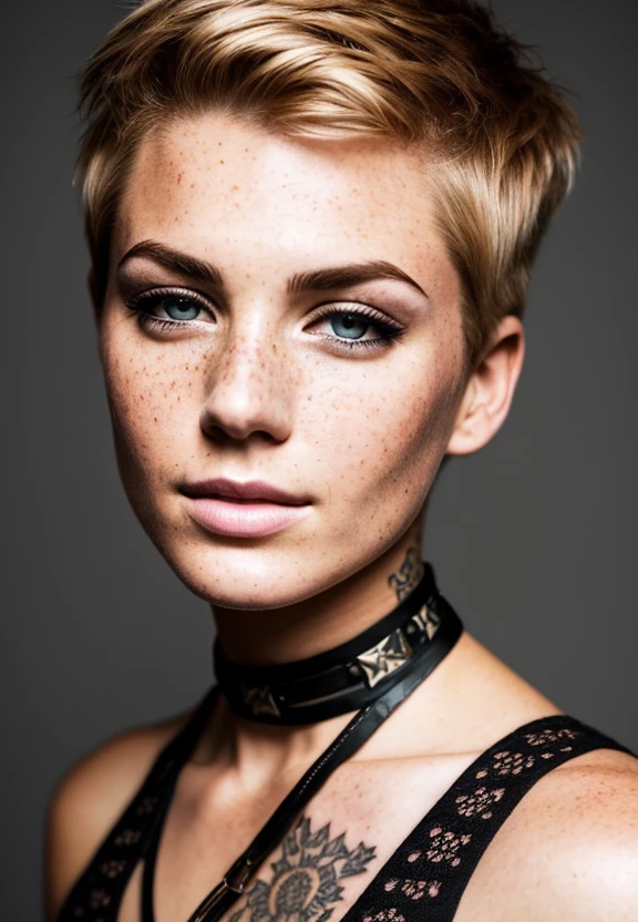 photo, rule of thirds, dramatic lighting, short hair, detailed face, detailed nose, woman wearing tank top, freckles, collar or choker, smirk, tattoo, intricate background