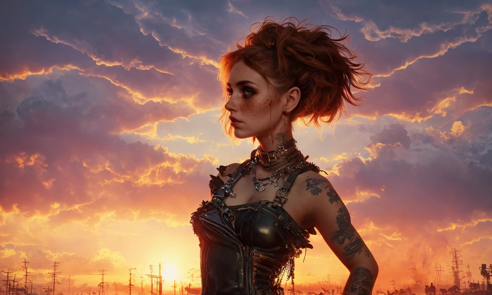 abstract colors, texture, film grain, skin pores, dust, rust, scratches:0.1 samdoesart++ intricate RAW full-body dramatic portrait photo of dieselpunk goth chick, gritty post-apocalyptic barbarian raider in dusty post-apocalyptic wasteland junkyard, petite susan coffey natalia dyer amouranth, punk undercut hair warpaint, (freckles)1.2, analog style (eye contact)1.2 selfie, (sunset storm backlit)1.2, (film grain)1.3, burning man