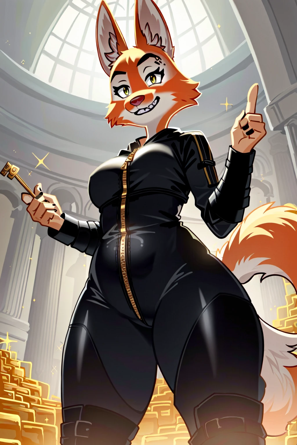 masterpiece, best quality, a beautiful and detailed facial portrait of diane foxington, fox, anthro,orange fur, orange body, smiling,(clenched teeth),tail,metal eyebrow piercing,eyelashes,pupils,((black bodysuit with yellow trim and a thick yellow stripe:1.2)), detailed clothing, (black arm and leg wraps), (detailed teeth), ((standing inside a palace with sparkly piles of gold bars and gems:1.4)),zipper,cinematic lighting,detailed background,((holding a gold bar))
<lora:diane foxington nai v3-000008:1>