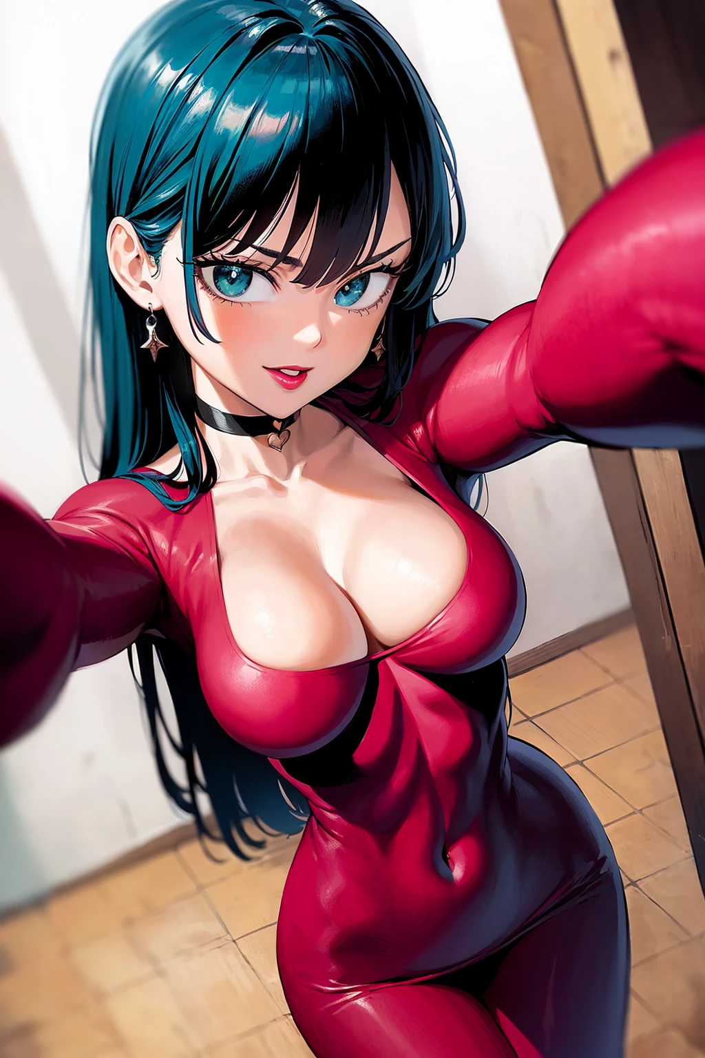 1girl, cowboy shot, (taking selfie:1.1), from above, arms up, dutch angle,
plunging neckline, red dress, choker,
long hair, blue hair, red lipstick,
standing, narrow waist, wide hips,
indoors