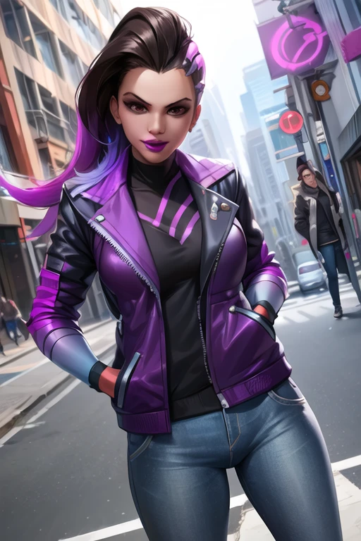 sombra, jacket, jeans, hands in pockets, lipstick, city street, day, <lora:sombraV2:0.7>, best quality