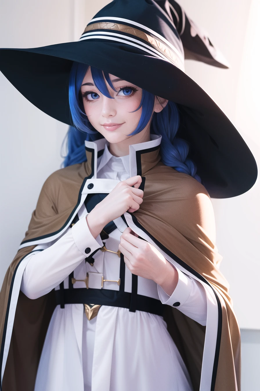 masterpiece, (photorealistic:1.4), best quality, beautiful lighting,

roxy migurdia, 1girl, bangs, blue eyes, blue hair, blush, braid, brown cape, brown capelet, brown headwear, cape, capelet, collared shirt, crossed bangs, dress, hair between eyes, hat, long braid, long hair, long sleeves, looking at viewer, shirt, simple background, smile, solo, tsurime, twin braids, upper body, white background, white dress, witch hat, ((masterpiece))

, intricate details, natural light, RAW photo, 8k uhd, film grain <lora:roxy_migurdia_offset:1.2>