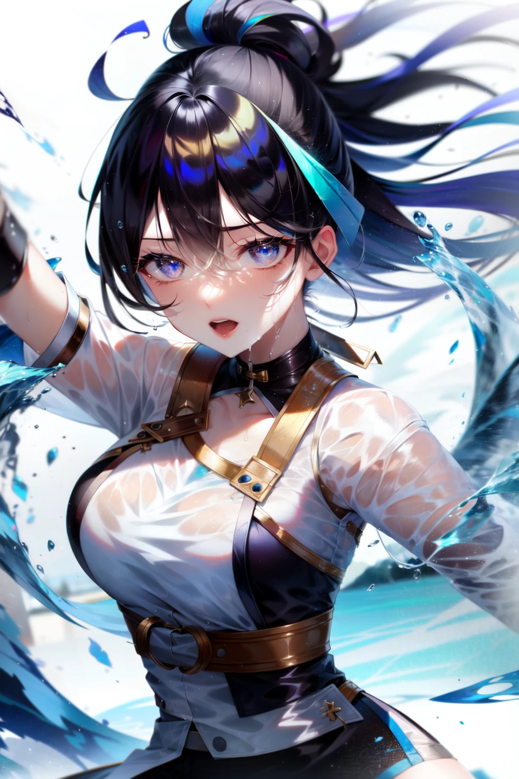 <lora:waterVFX:0.8> Masterpiece, best quality, (dynamic pose:0.5), Absurdres, 1girl, fighting pose, punch water, (attacking with water:1.5) wet clothes, wet hair, wet face, water behind a person, <lora:iridescent_hair:0.5> multicolored hair, (wind:1.4)