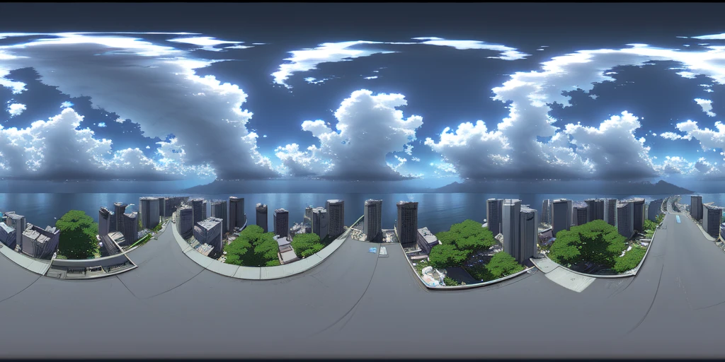 a 360 equirectangular panorama <lora:EQP_project-000006:1> , modelshoot style, (extremely detailed CG unity 8k wallpaper), a japanese city near the sea, lofi, dreamy, moody, very colorful, anime inspiration, makoto shinkai, ghibli vibe, by Jeremy Mann, Greg Manchess, Antonio Moro, trending on ArtStation, trending on CGSociety, Intricate, High Detail, Sharp focus, dramatic, photorealistic painting art by greg rutkowski
