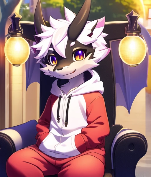 cute chibi dragon,smile,hoodie,(half body),sitting on the chair,anthro,solo,male,1boy,furry,(detailed outdoor lighting),(cinematic lighting), [detailed ambient light], [detailed face and eyes], [higher body and limbs detail], [realistic proportions]